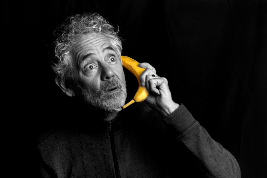 humor,man,bellen,grappig,banaan,senior,portret