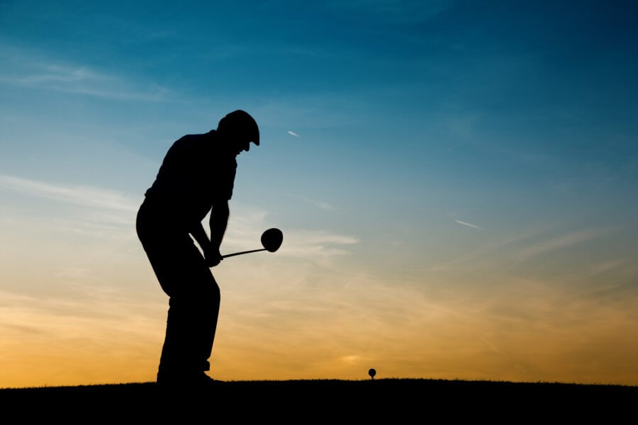golf,man,senior,silhouet,zonsondergang,golfen,sport