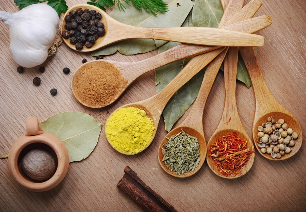 Top,view,on,mixed,dry,colorful,spices,in,wooden,spoons