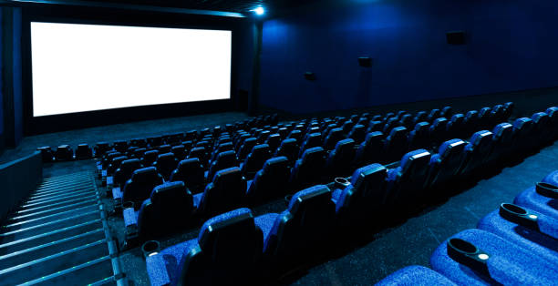 Empty Movie Theatre Interior With Screen And Seats.