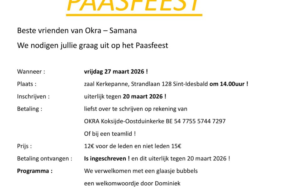 Uitnodiging Paasfeest Okra 27 Maart 2026