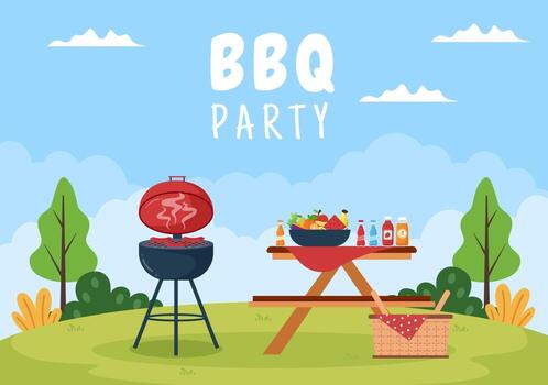 9249308 Bbq Of Barbecue Met Steaks Op Grill Broodrooster Platen Worst Kip En Groenten In Platte Achtergrond Cartoon Illustratie Vector